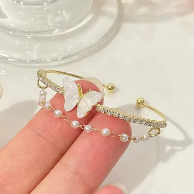 Butterfly & Faux Pearl Decor Layered Bracelet